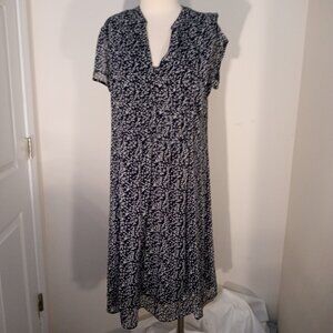 MSK  SZ 16 Blue  Floral Smocked Waist Chiffon Midi Dress   Pleated Chest Lined